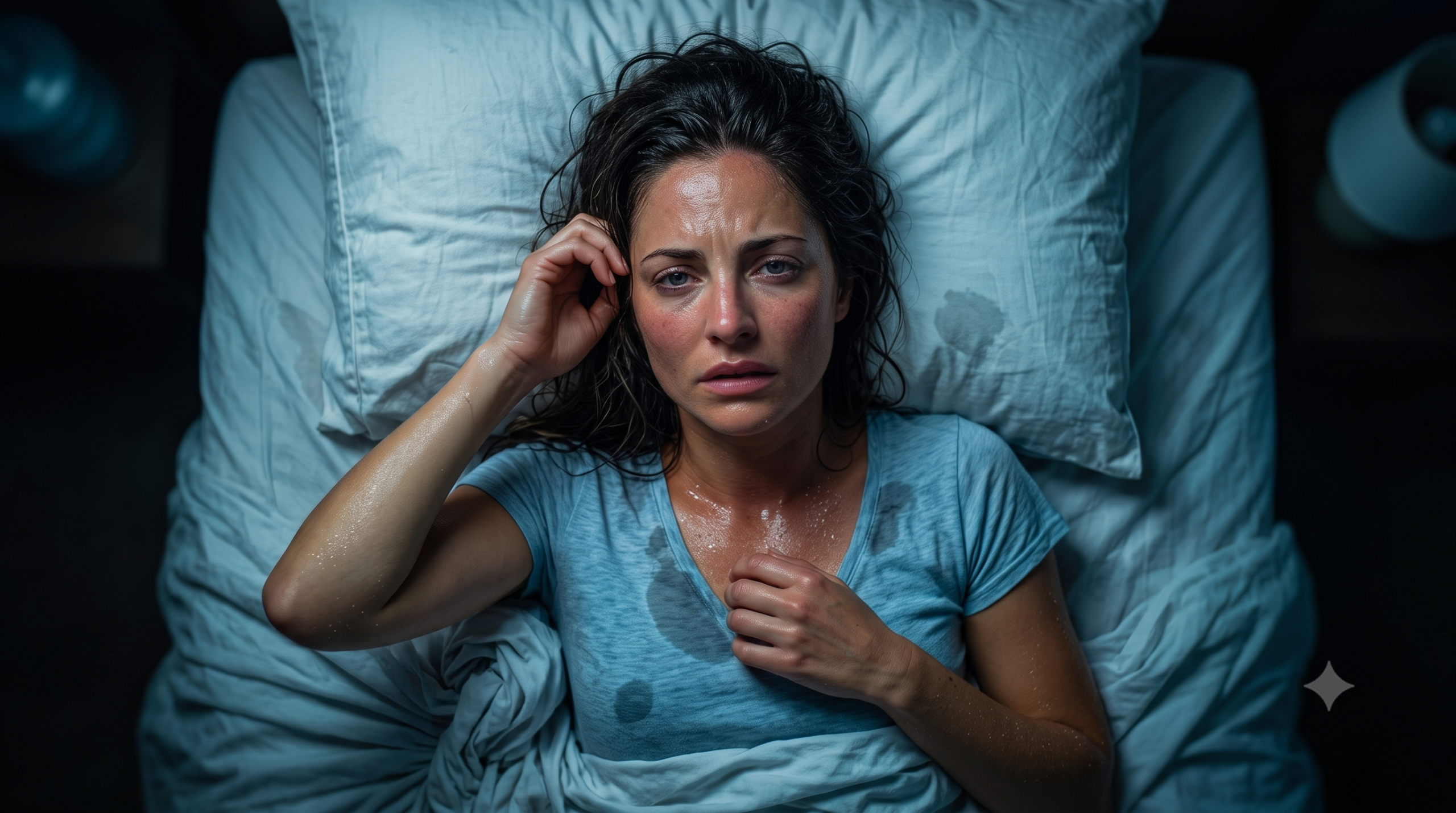 Woman lying in bed drenched in sweat, visibly exhausted from overheating at night