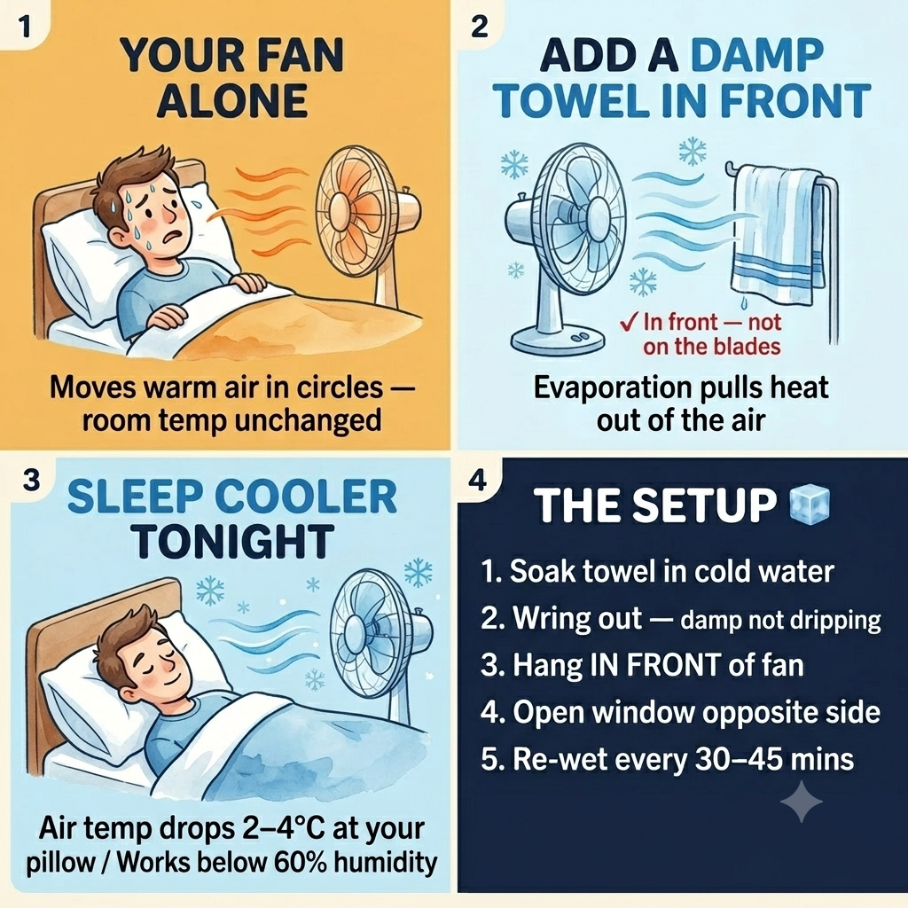 The five-step wet towel fan setup — damp towel in front of fan, window open, re-wet every 30-45 minutes. Works below 60% humidity.