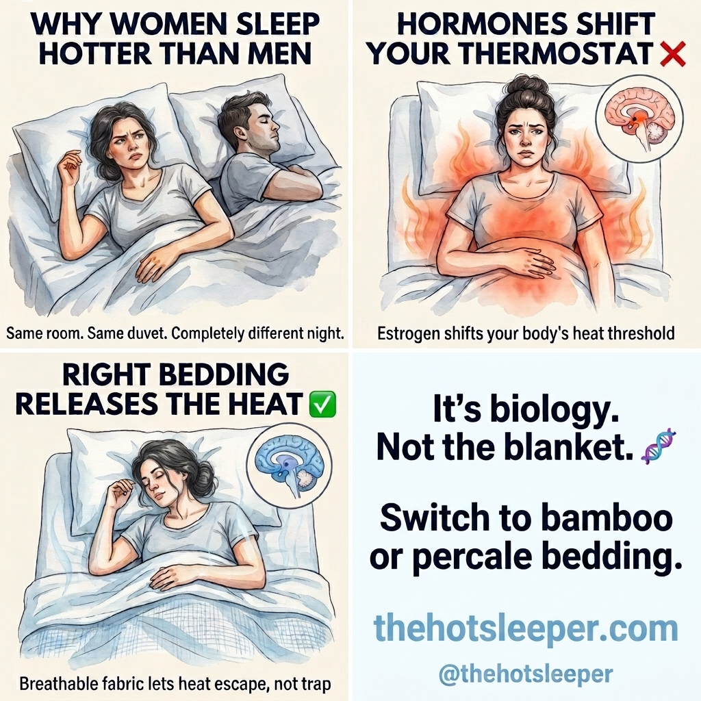 Why do women sleep hotter than men — biology diagram showing hormones and hypothalamus thermostat