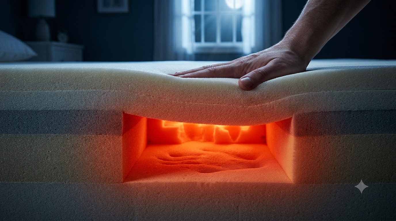 Cross-section of memory foam mattress showing heat trapped inside foam layers