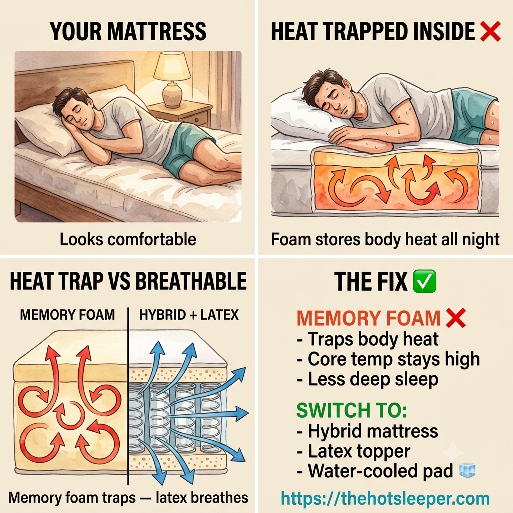 Memory foam heat trap infographic — how foam traps body heat and what to switch to